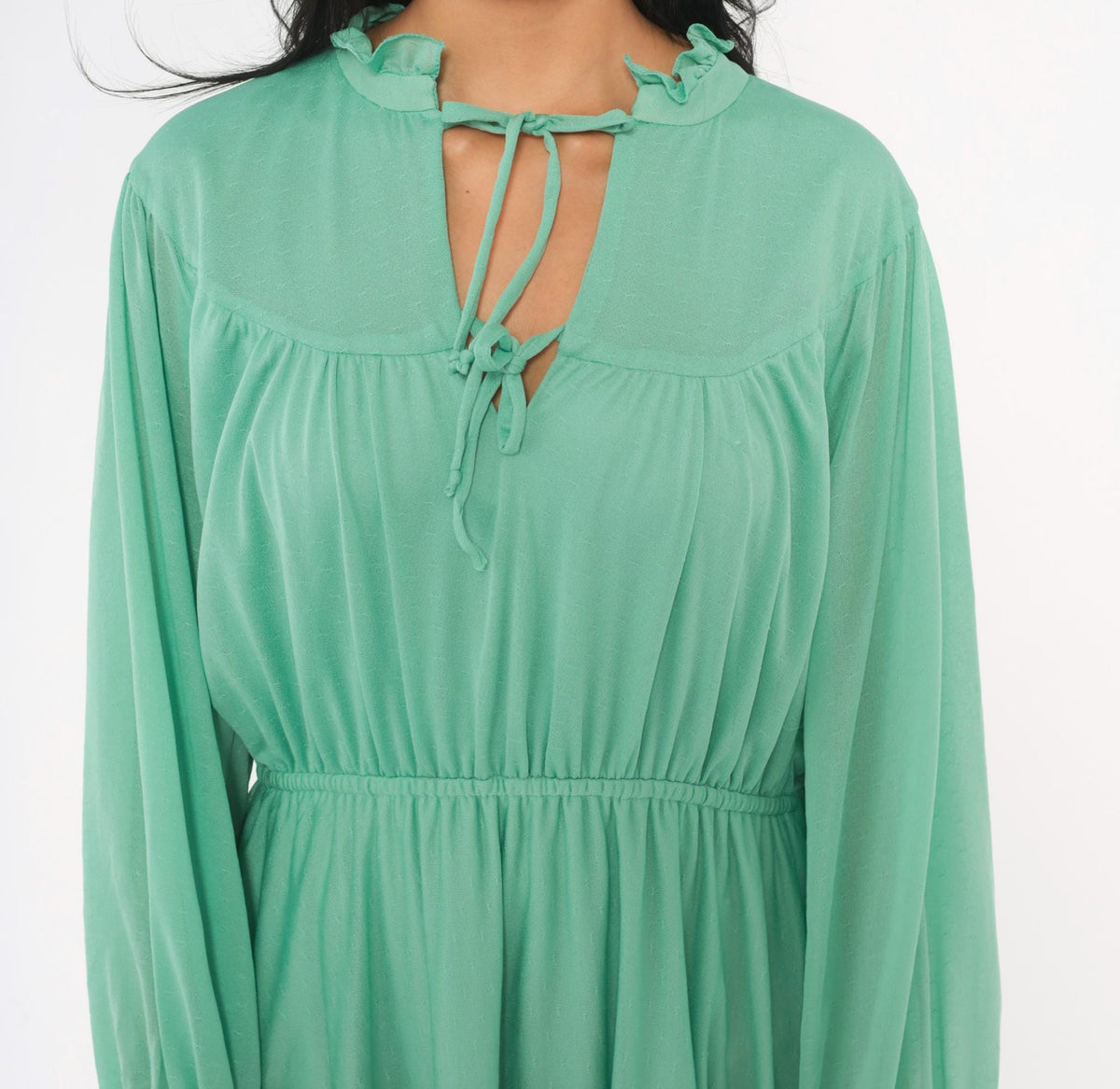 70s Sea Green Maxi Dress Balloon Sleeve Keyhole A-Line Extra Large