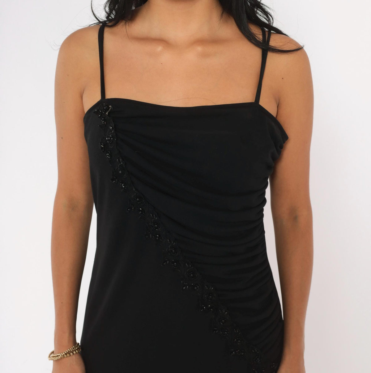 90s Scarlett Black Maxi Dress Beaded Trim Ruched Square Neck Medium M