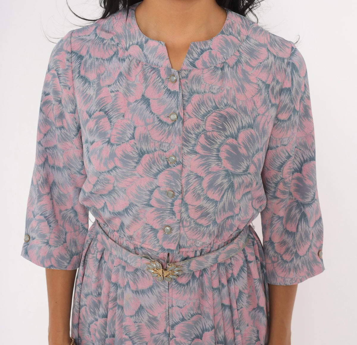 80s Silver Fashion Pink Grey Floral Blouson Dress Button Front Pleated Small S
