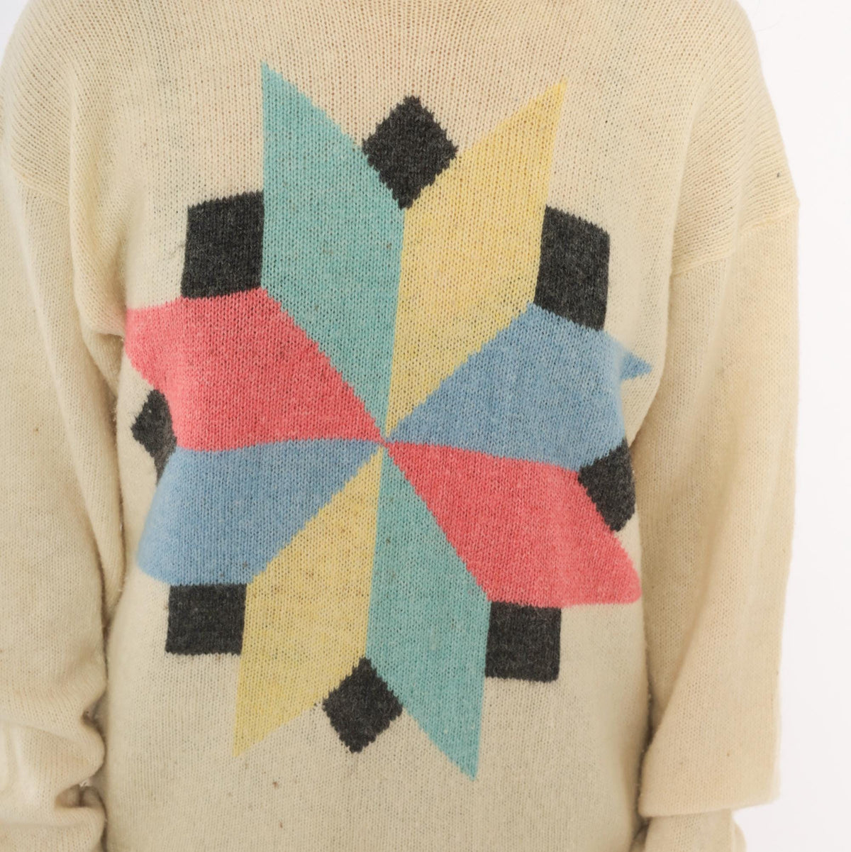 80s Cream Wool Sweater Geometric Star Pattern Knit Pink Blue Yellow Large L