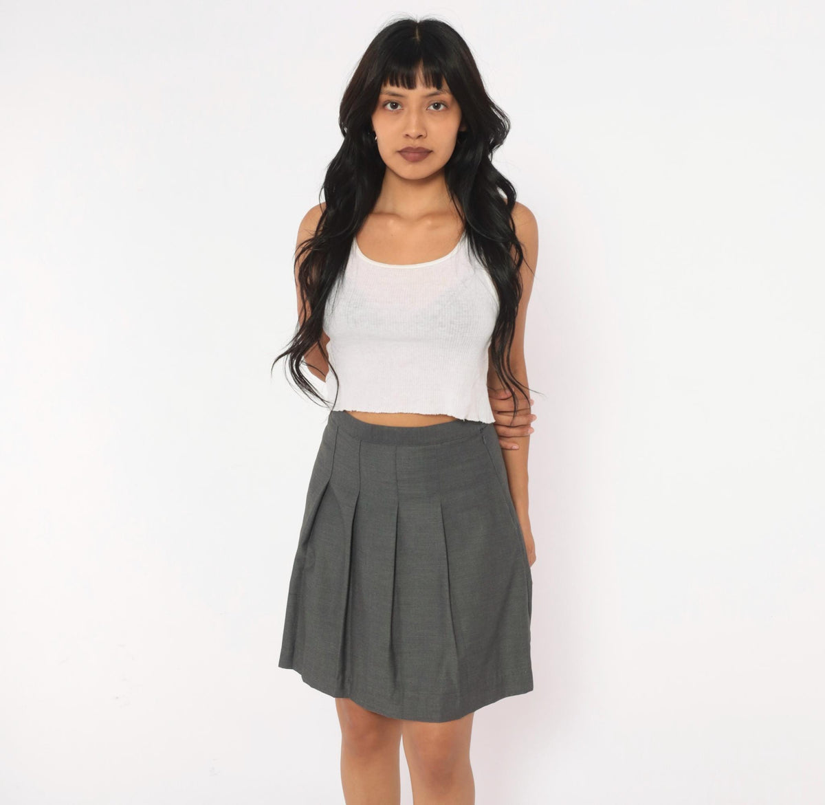 Y2K Grey Pleated Mini Skirt A-Line Box Pleat Charcoal Small S