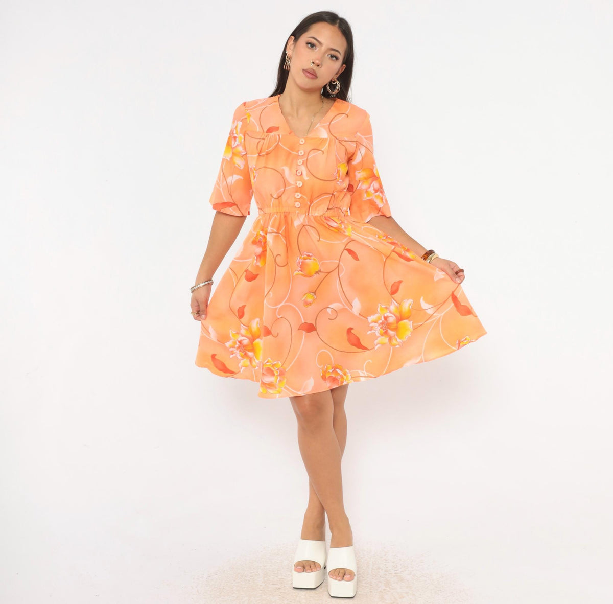 90s Orange Floral Knee-Length Dress V-Neck Button Front A-Line Medium M