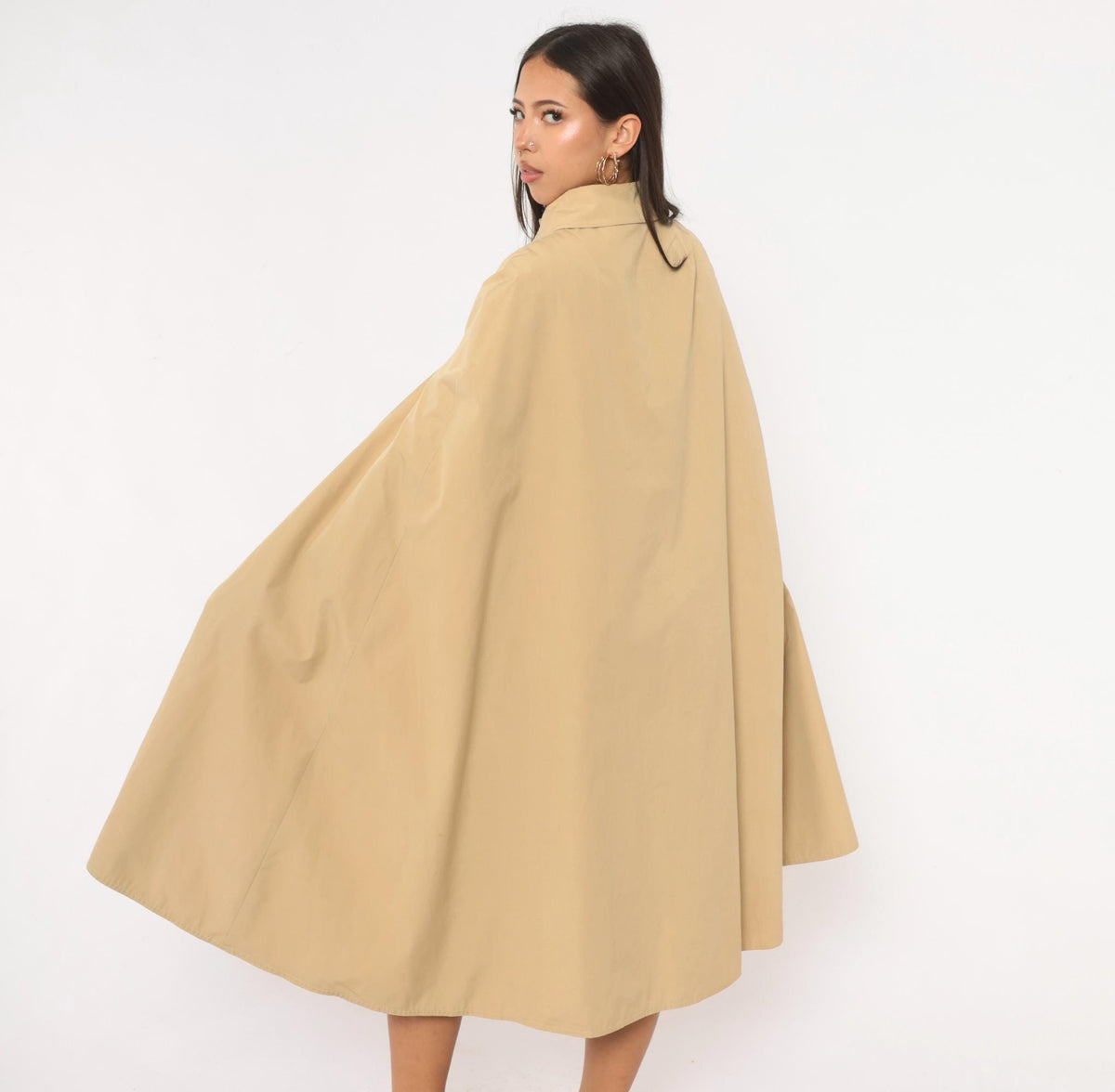 70s Billina Sport Beige Cape Coat Knee Length Pointed Collar Medium