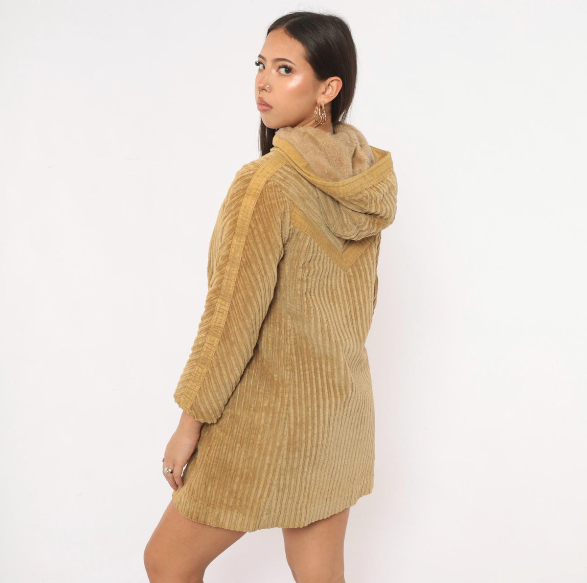 70s Rovercoat Arthur Jay Corduroy Hooded Coat Beige Wide Wale Faux Fur Lined Small S