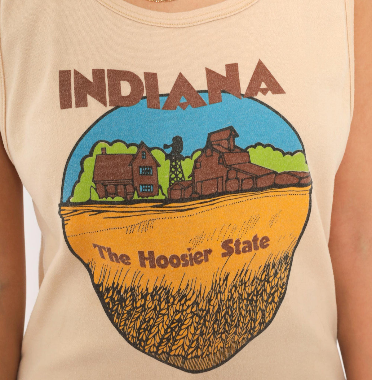80s Indiana Hoosier State Souvenir Tank Top Tan Graphic Small