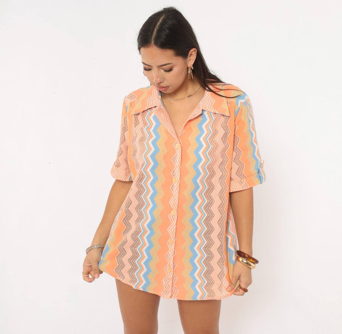 70s Chevron Zigzag Button Up Blouse Orange Coral Blue Open Knit Mesh Large