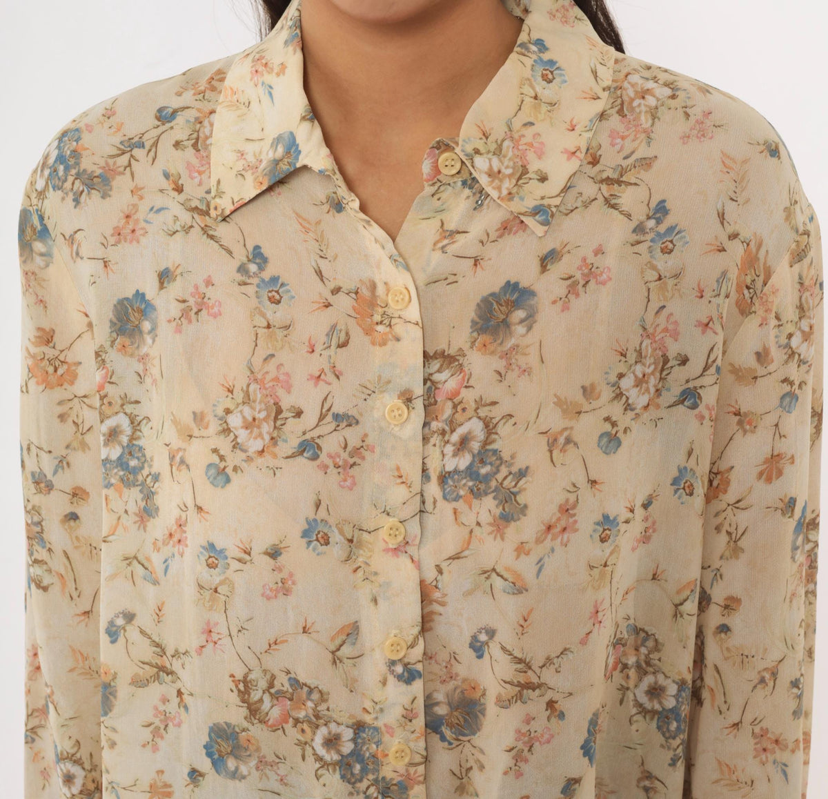 90s Clio Floral Blouse Beige Rayon Semi-Sheer Lace Cuff Medium M