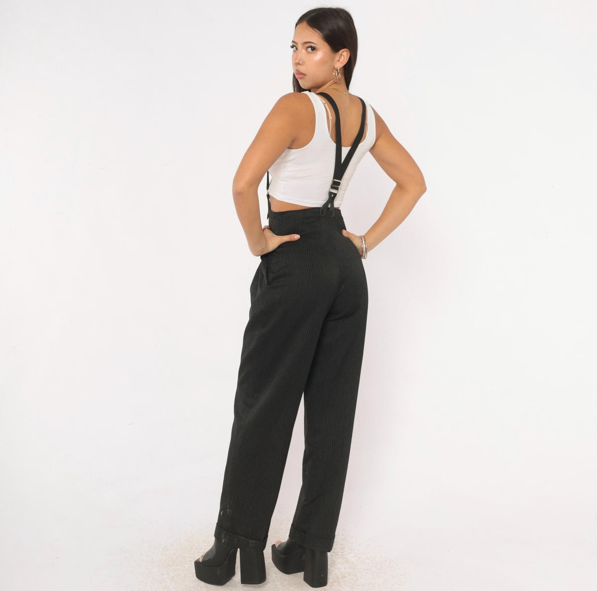 80s 7th Alternative Pinstripe Trousers Black High Waist Pleated Tapered Small S