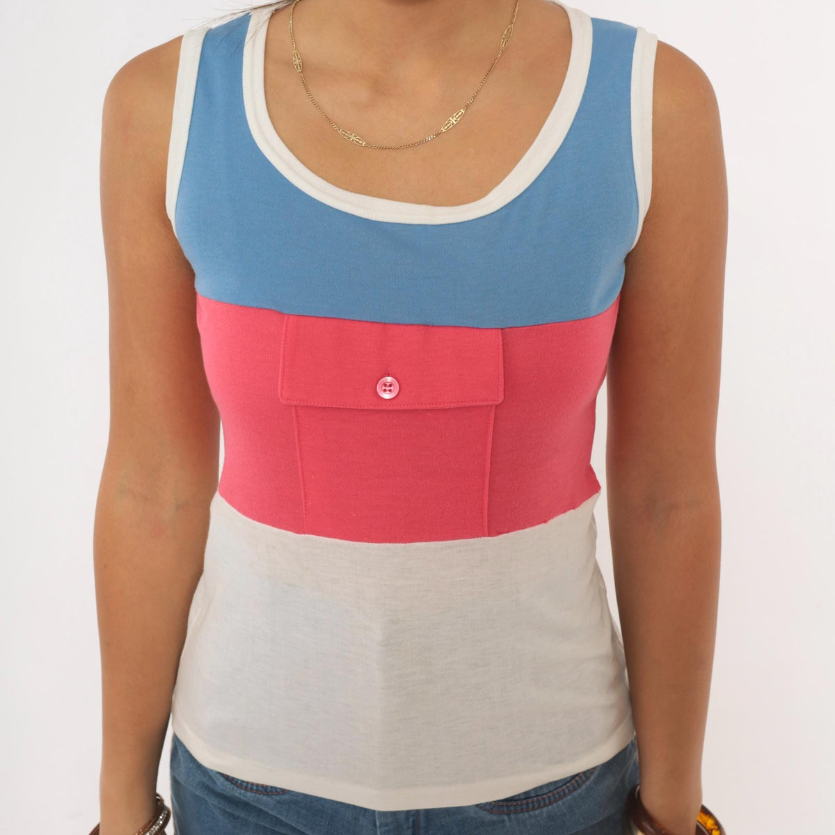 80s Color Block Tank Top Blue Pink White Cotton Sleeveless Extra Small XS