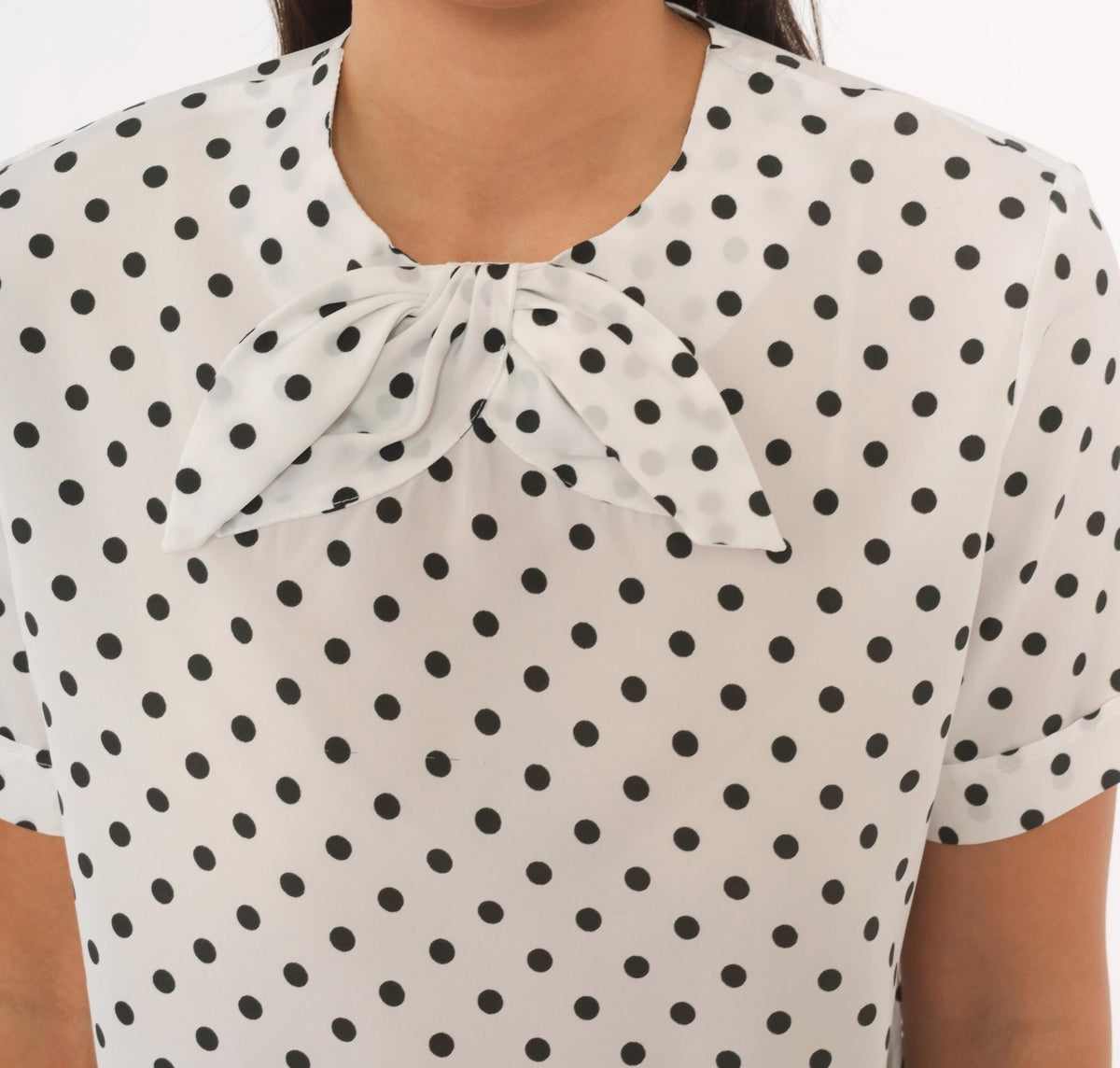 70s Sears Polka Dot Blouse White Black Bow Tie Collar Keyhole Back Medium
