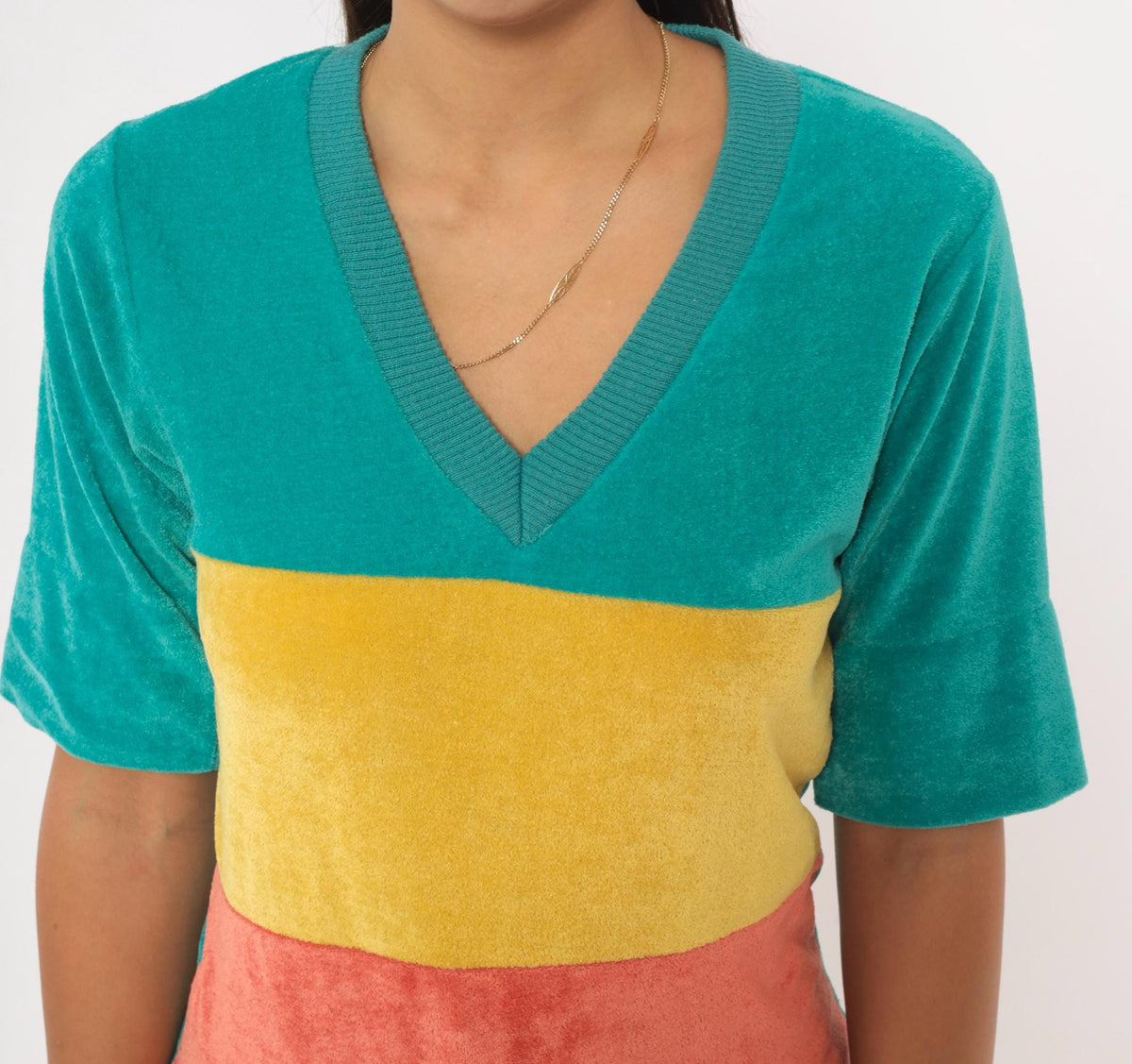 80s Velour Color Block V-Neck Pullover Teal Yellow Coral Medium