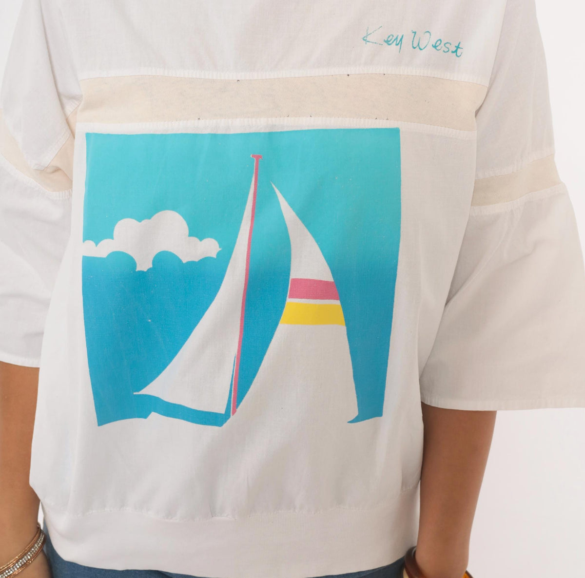 80s Raz Key West Sailboat Graphic Tee White Three Quarter Sleeve Large