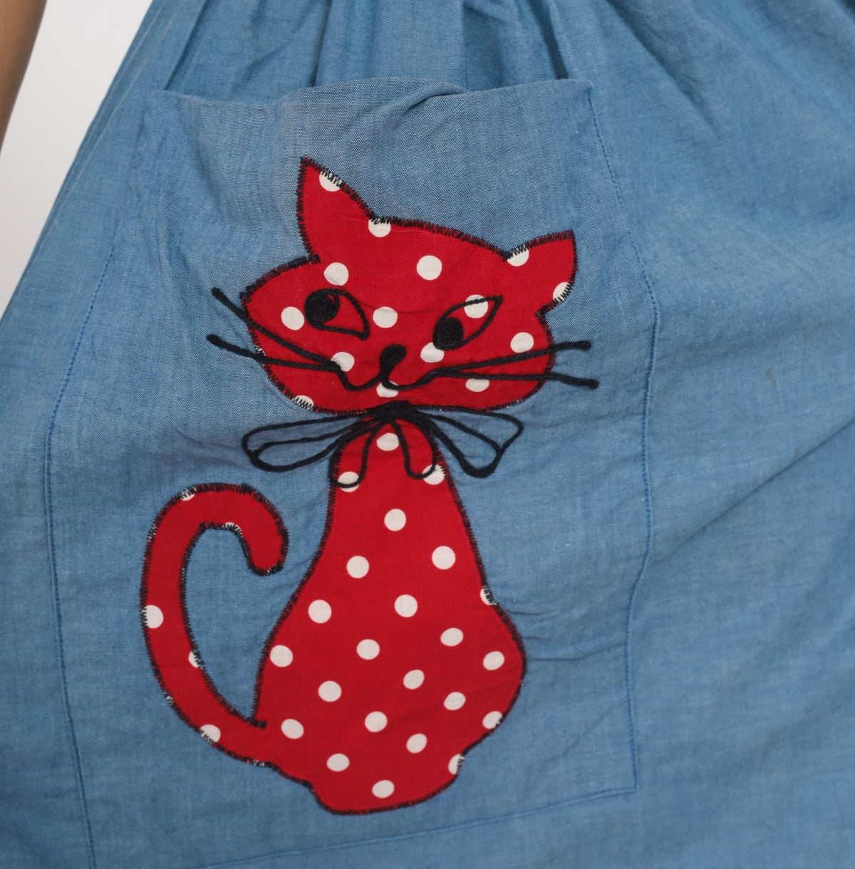 60s Blue Chambray Dress Cat Applique Boat Neck Below Knee Small