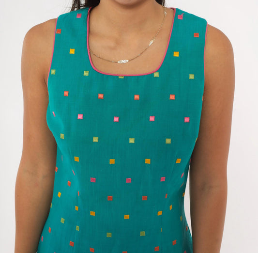 90s First Focus Teal Shift Dress Embroidered Geometric Scoop Neck Small