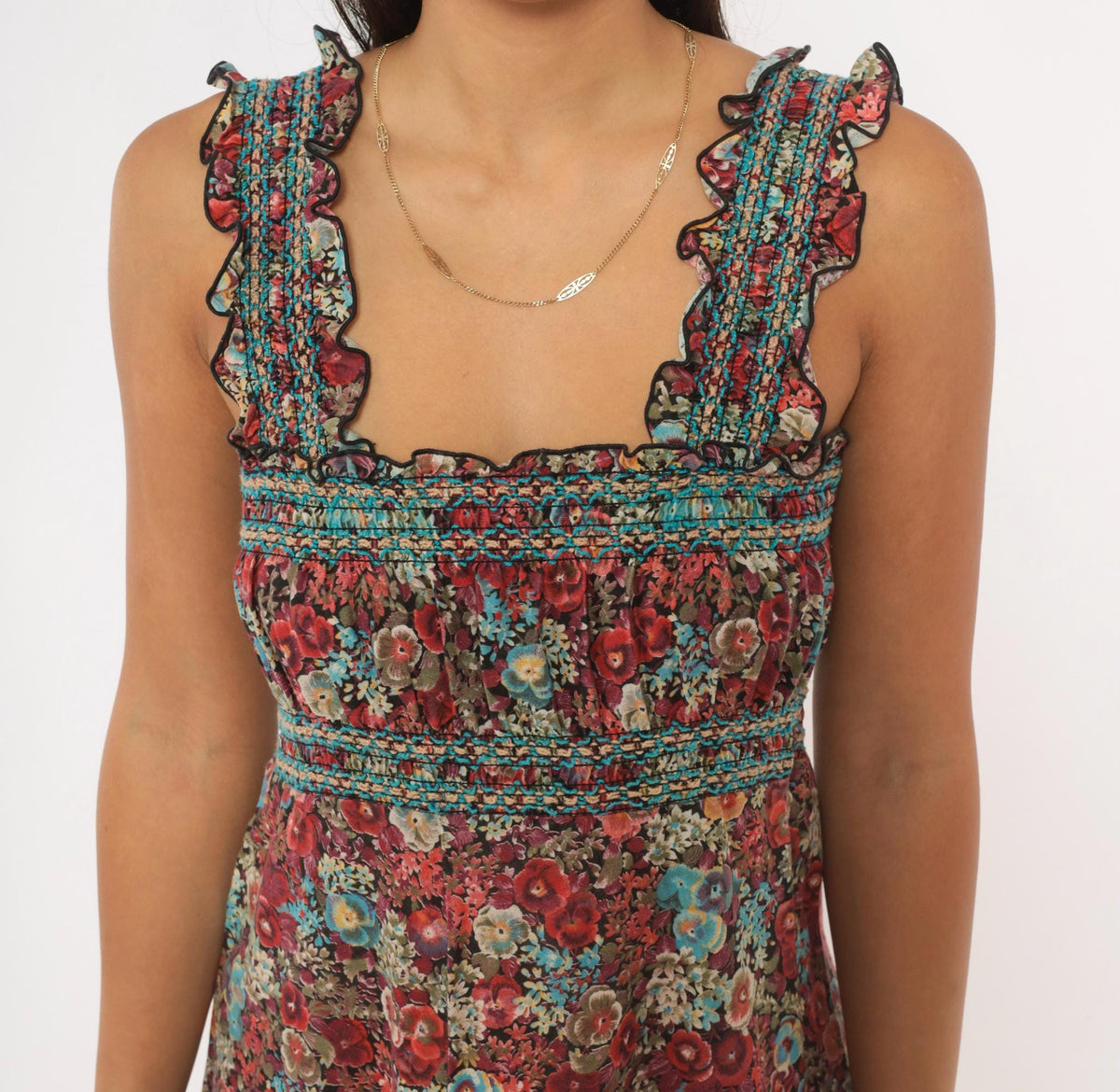 70s Floral Mini Dress Burgundy Blue Smocked Square Neck Ruffle Strap Small