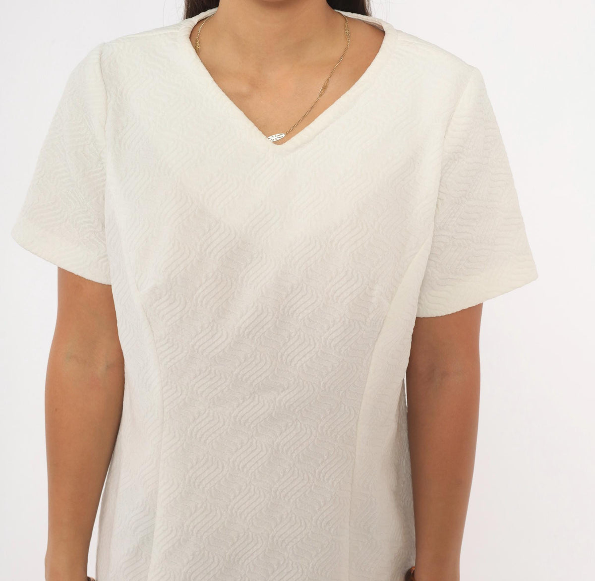 60s White Shift Dress V Neck Short Sleeve Mod A Line Jacquard Medium M