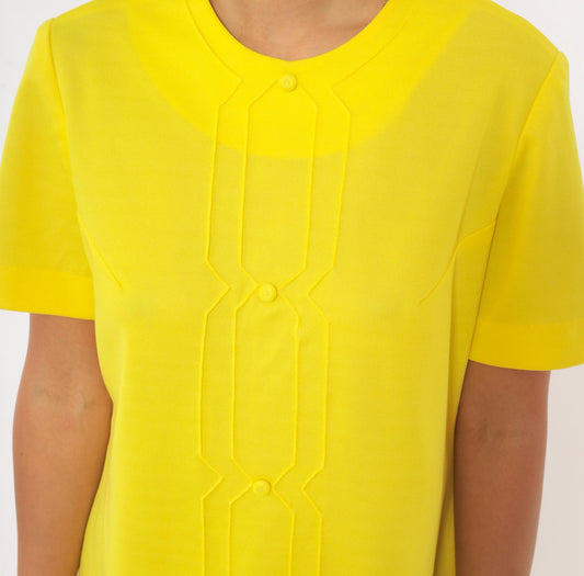60s Nelly Don Yellow Shift Dress Mod Geometric Topstitch A-Line Large L