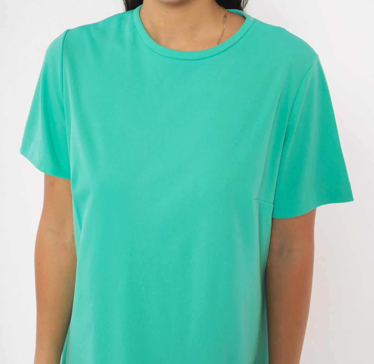 70s Teal Shift Dress A-Line Crew Neck Short Sleeve Solid Green Large