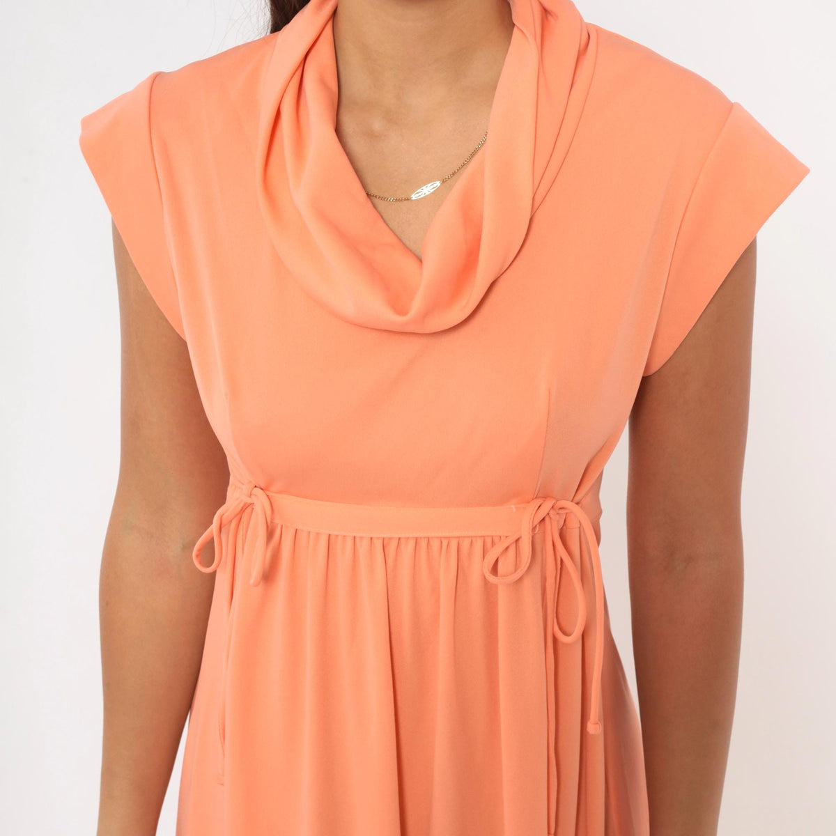 70s Peach Maxi Dress Cowl Neck Cap Sleeve Empire Waist A-Line Medium