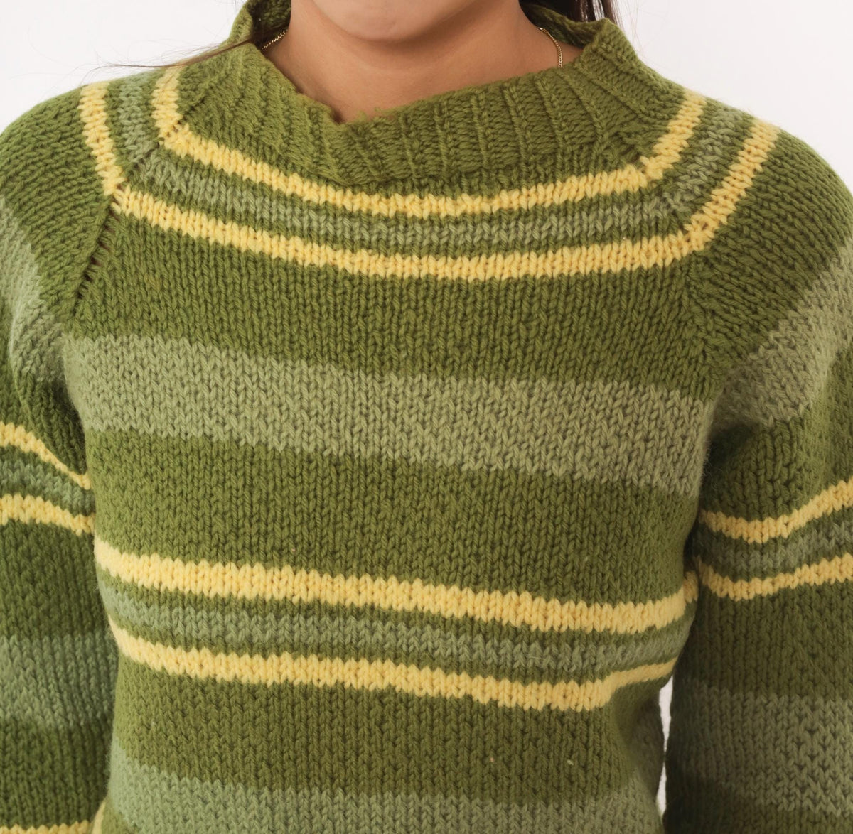90s Olive Striped Wool Hand Knit Sweater Raglan Brown Elbow Patches Medium