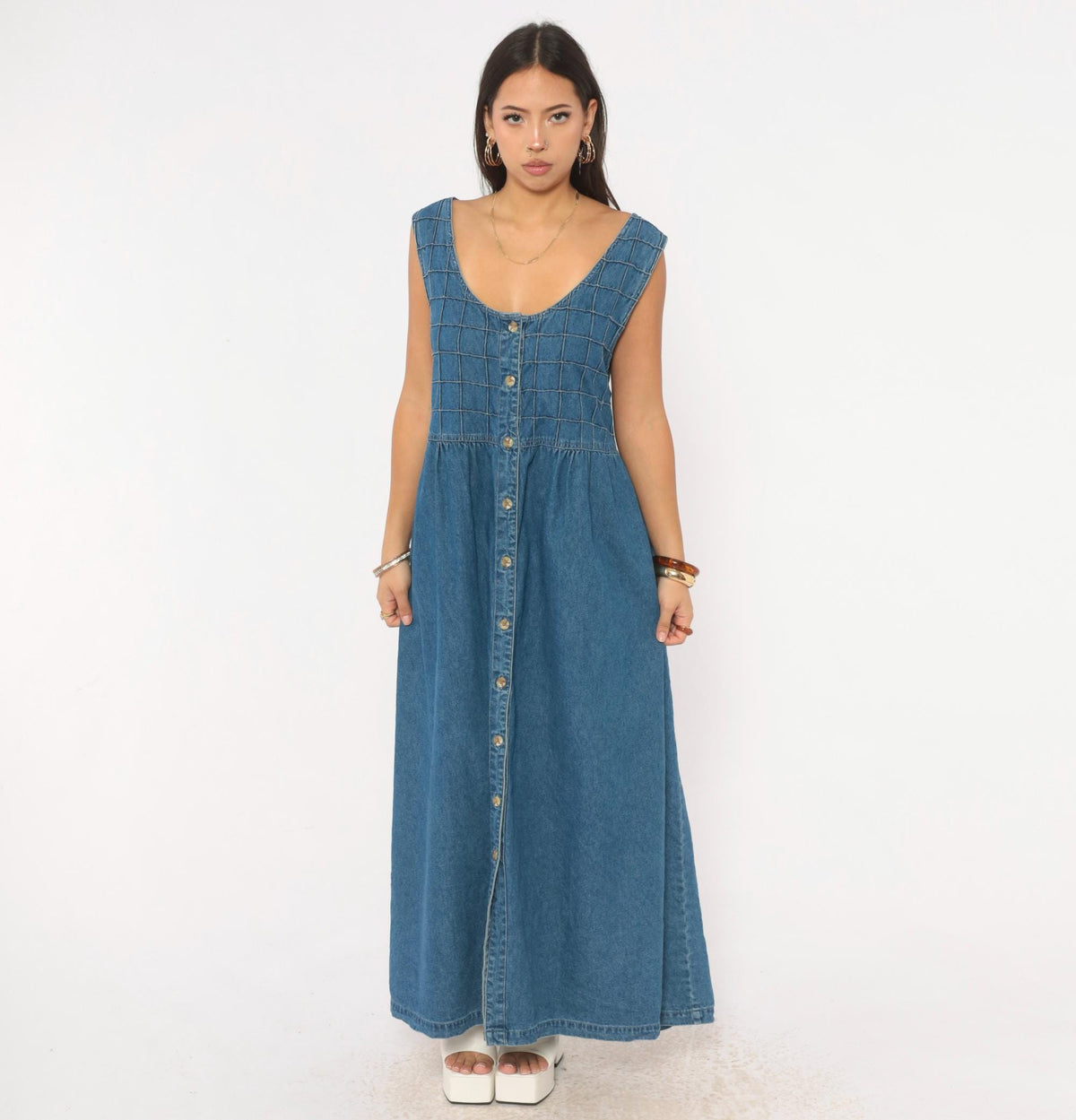 90s TY Original Wear Denim Jumper Dress Navy Cotton Quilted Bodice Plus Size 2X