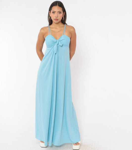 70s Light Blue Maxi Dress Empire Waist Tie Front Spaghetti Strap Extra Small