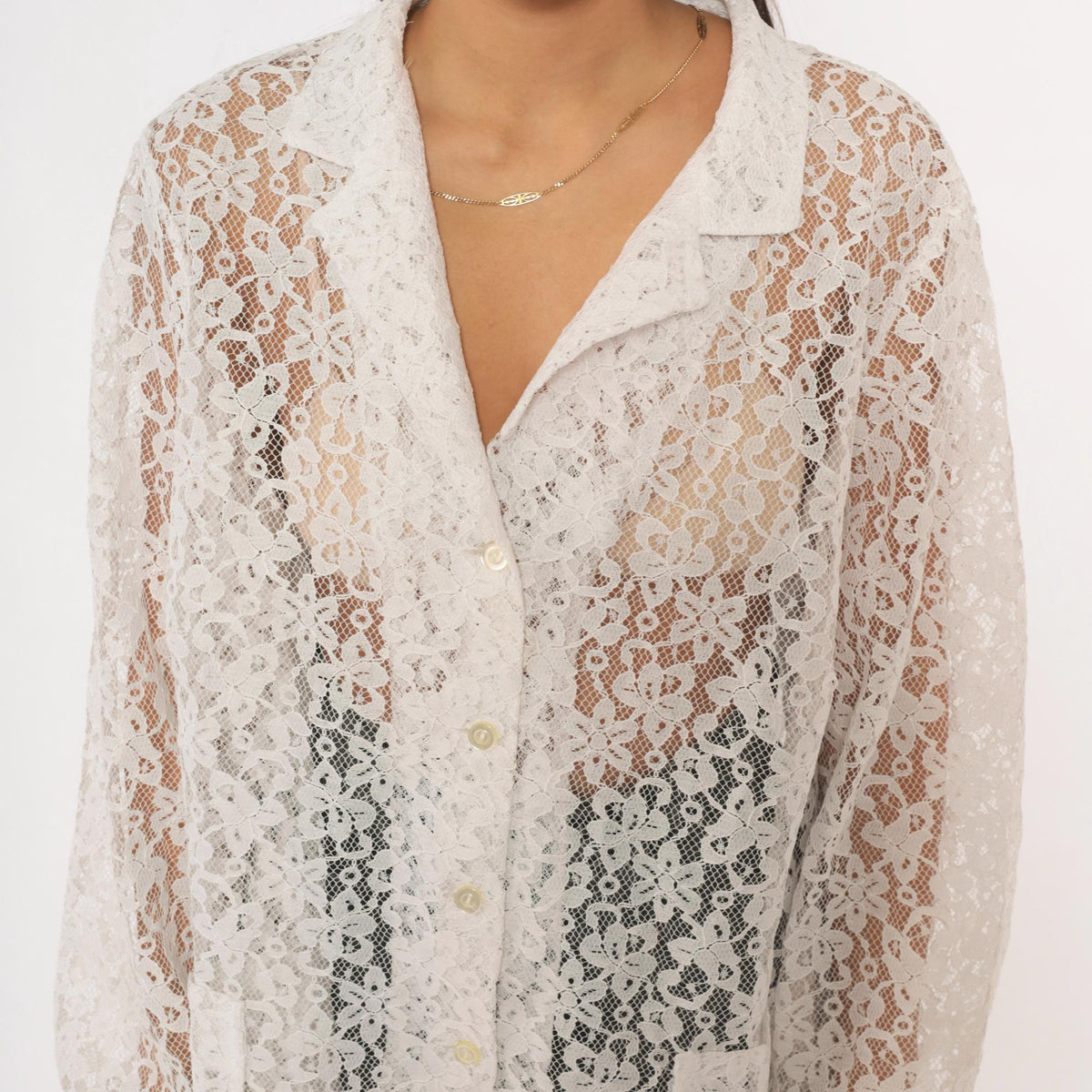 90s White Lace Blouse Sheer Floral Button Front Long Sleeve Patch Pocket Large