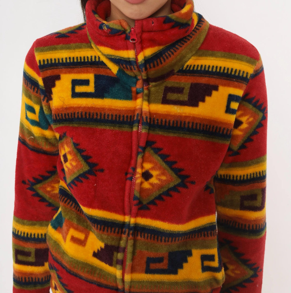 90s Trail Crest Southwestern Aztec Zip Jacket Red Mock Neck Extra Small XS