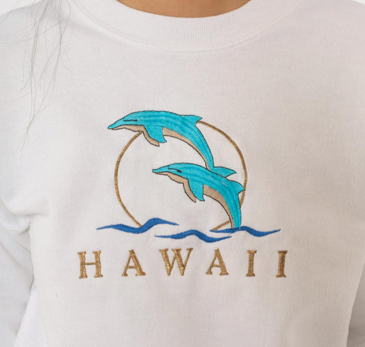 90s Hanes Hawaii Dolphin Embroidered Sweatshirt White Crewneck Small