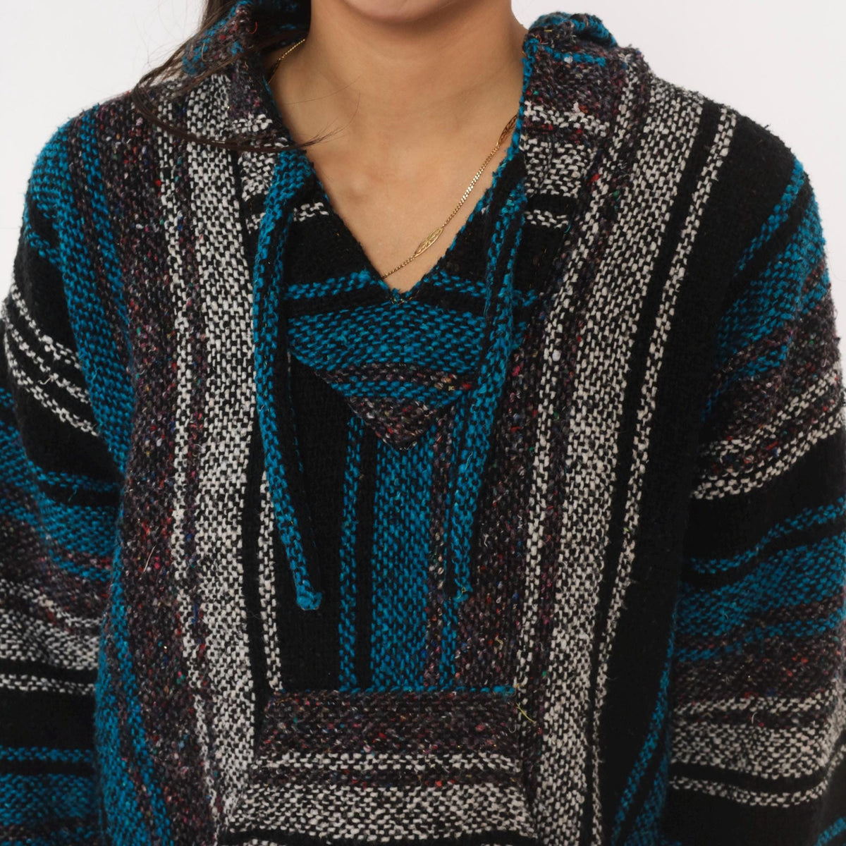 90s Sandy Baja Hoodie Black Teal Striped Woven Pullover Medium