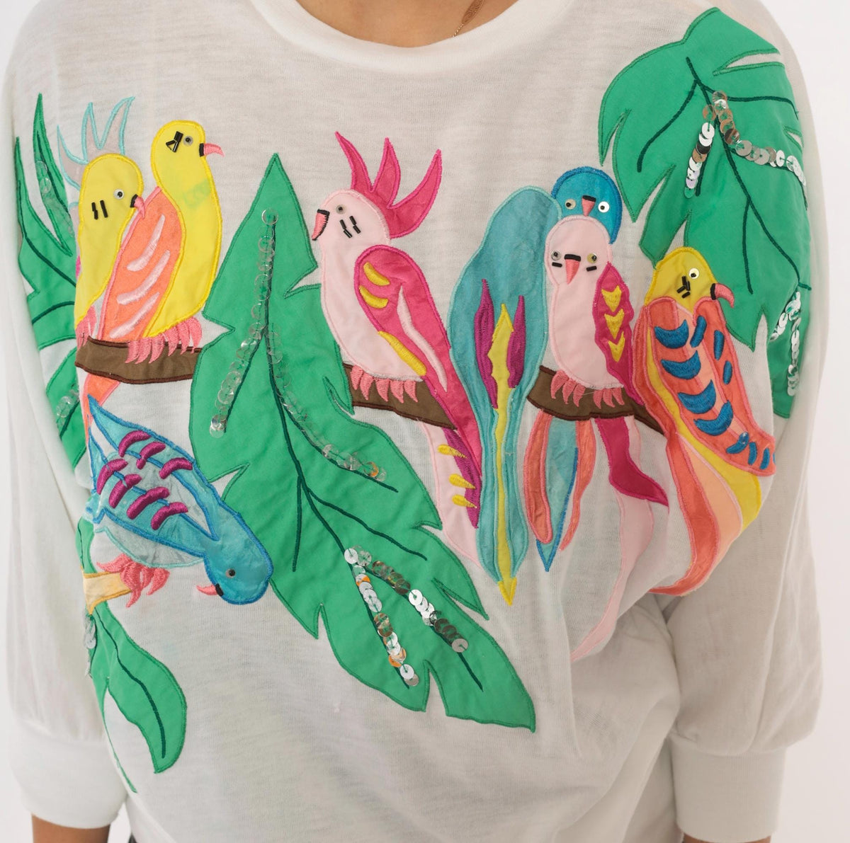 90s Bonnie Boerer Tropical Bird Applique Tee White Cotton Dolman Medium