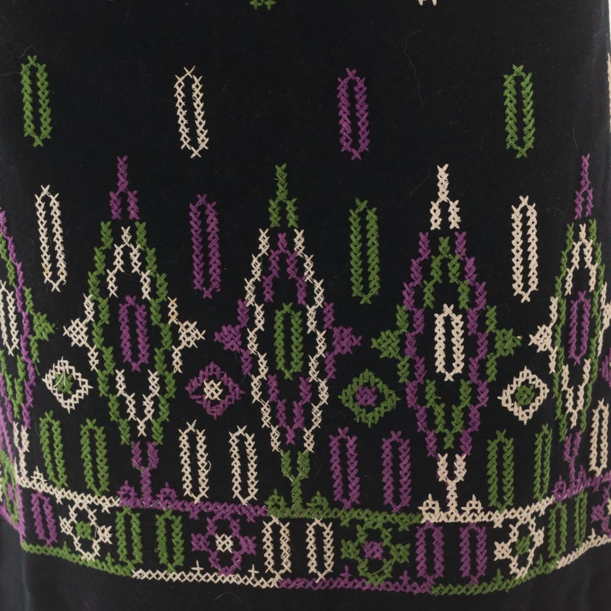 60s Black Wool Embroidered A-Line Skirt Purple Green Cross Stitch Extra Small XS