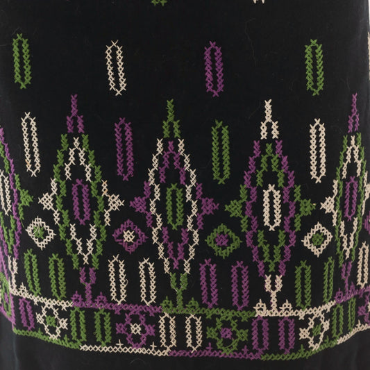 60s Black Wool Embroidered A-Line Skirt Purple Green Cross Stitch Extra Small XS