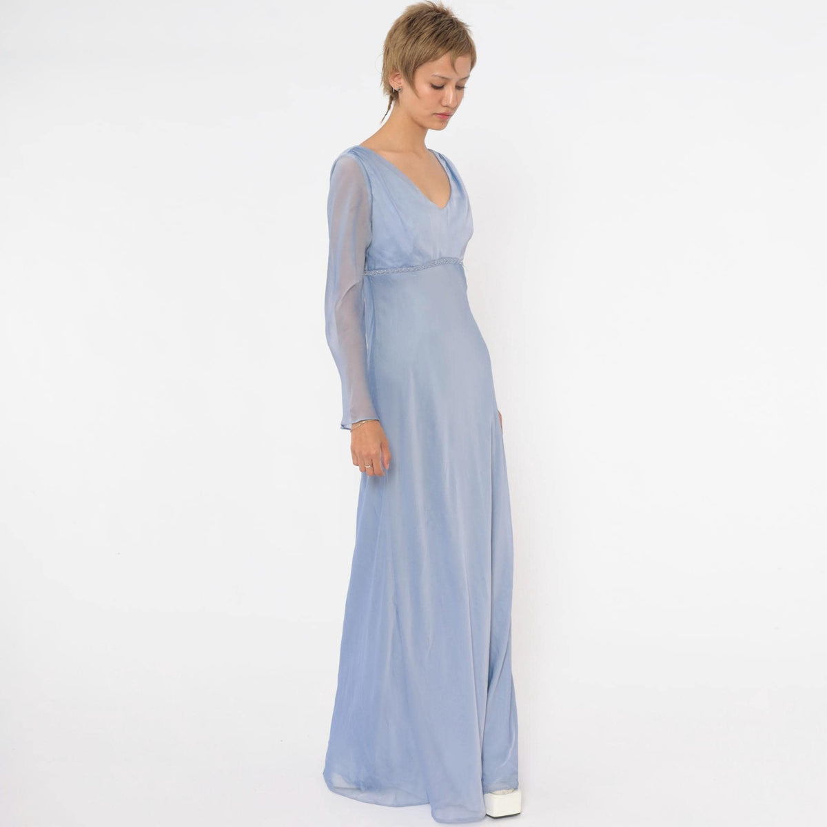 90s Michaelangelo Periwinkle Maxi Dress Empire Waist Beaded V Neck Small