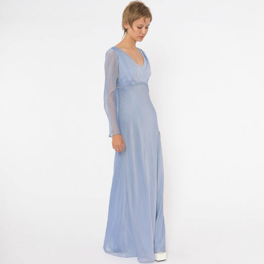 90s Michaelangelo Periwinkle Maxi Dress Empire Waist Beaded V Neck Small