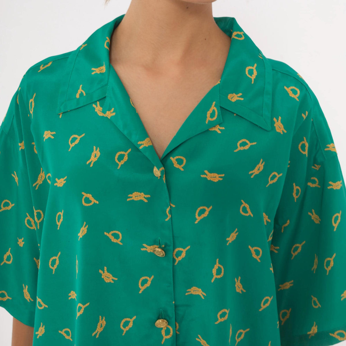 90s Leslie Fay Nautical Knot Print Blouse Teal Camp Collar Large L