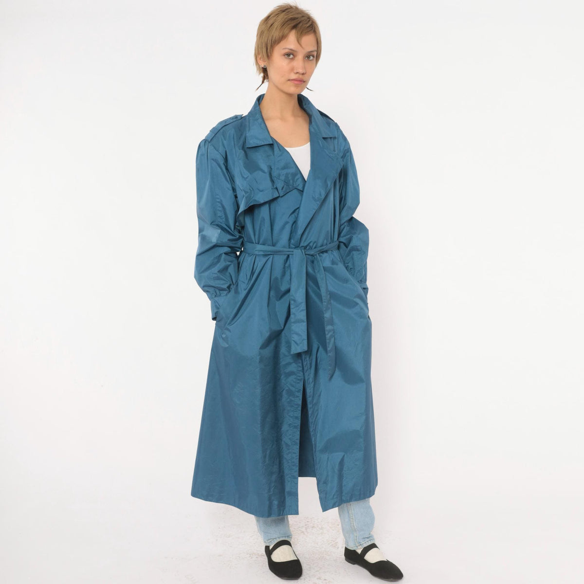 80s J.Gallery Blue Nylon Trench Coat Belted Epaulettes Medium M