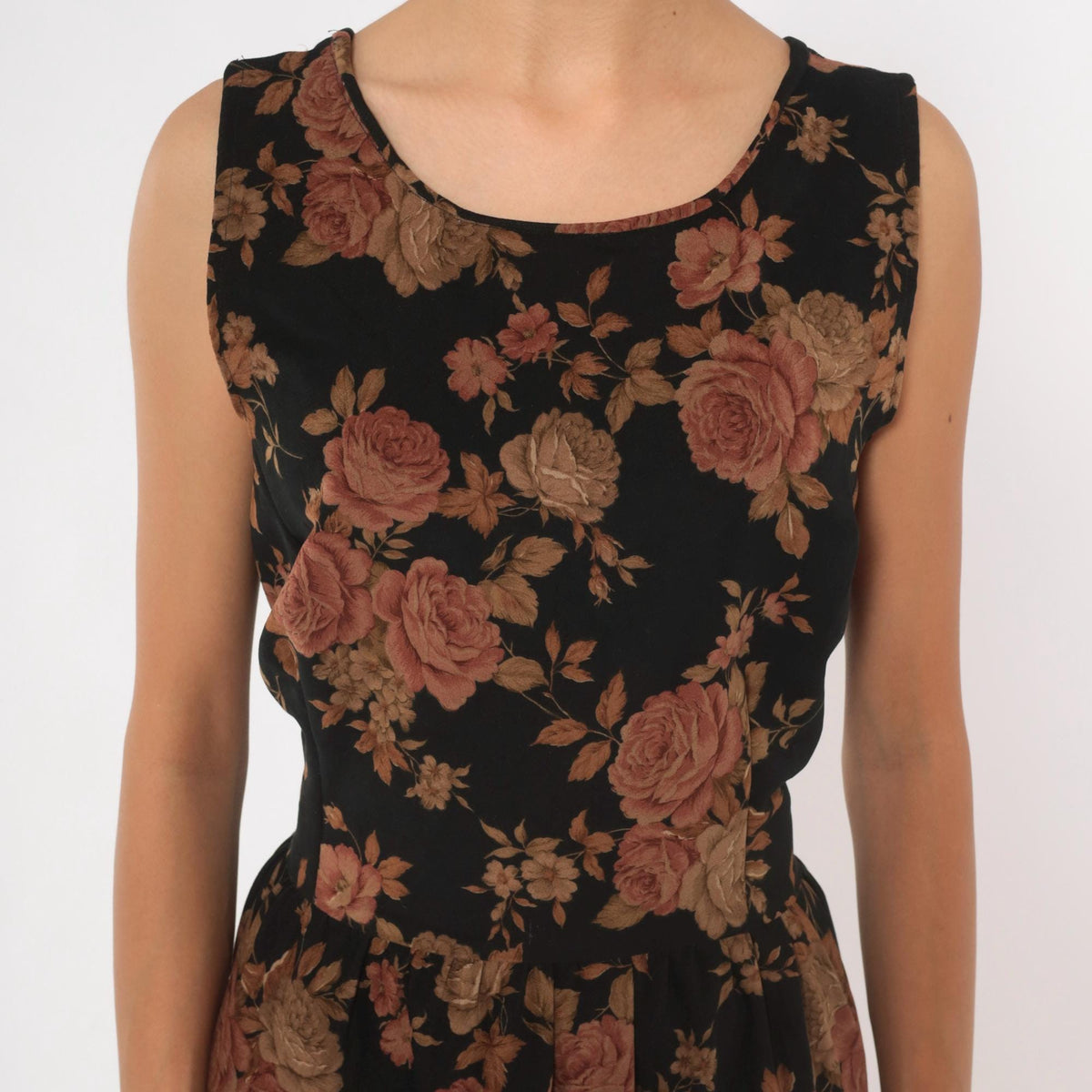 90s Black Floral Velour Dress Rose Print Tie Back Ankle Length Small S