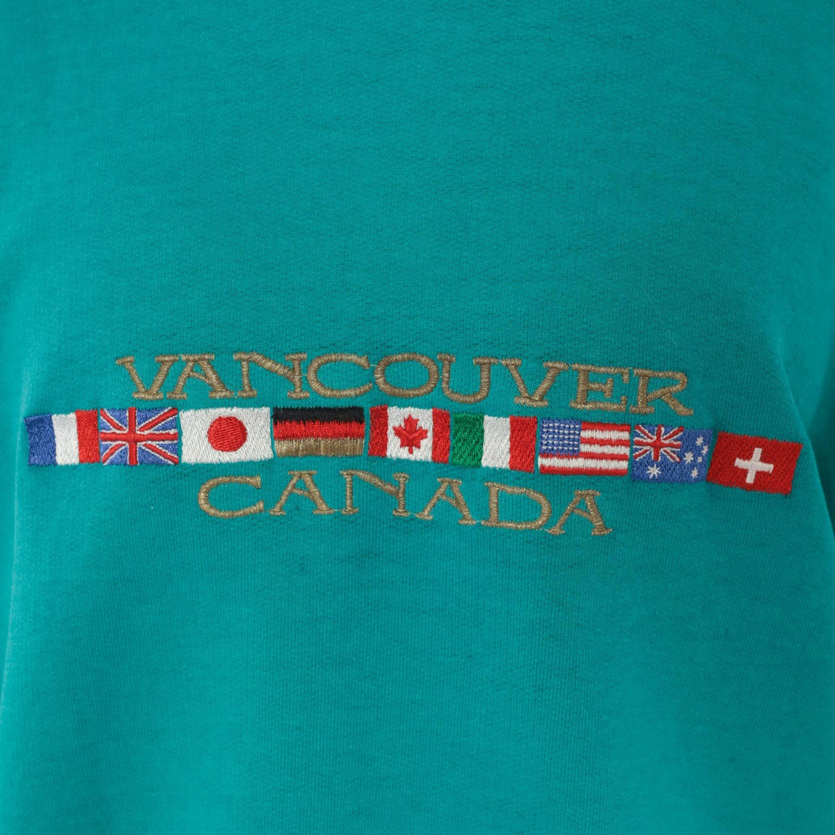 90s Vancouver Canada Sweatshirt Embroidered World Flags Teal Raglan Medium M