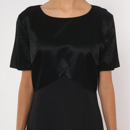 90s Black Satin Bodice Knee-Length Dress Short Sleeve Sheath Medium M