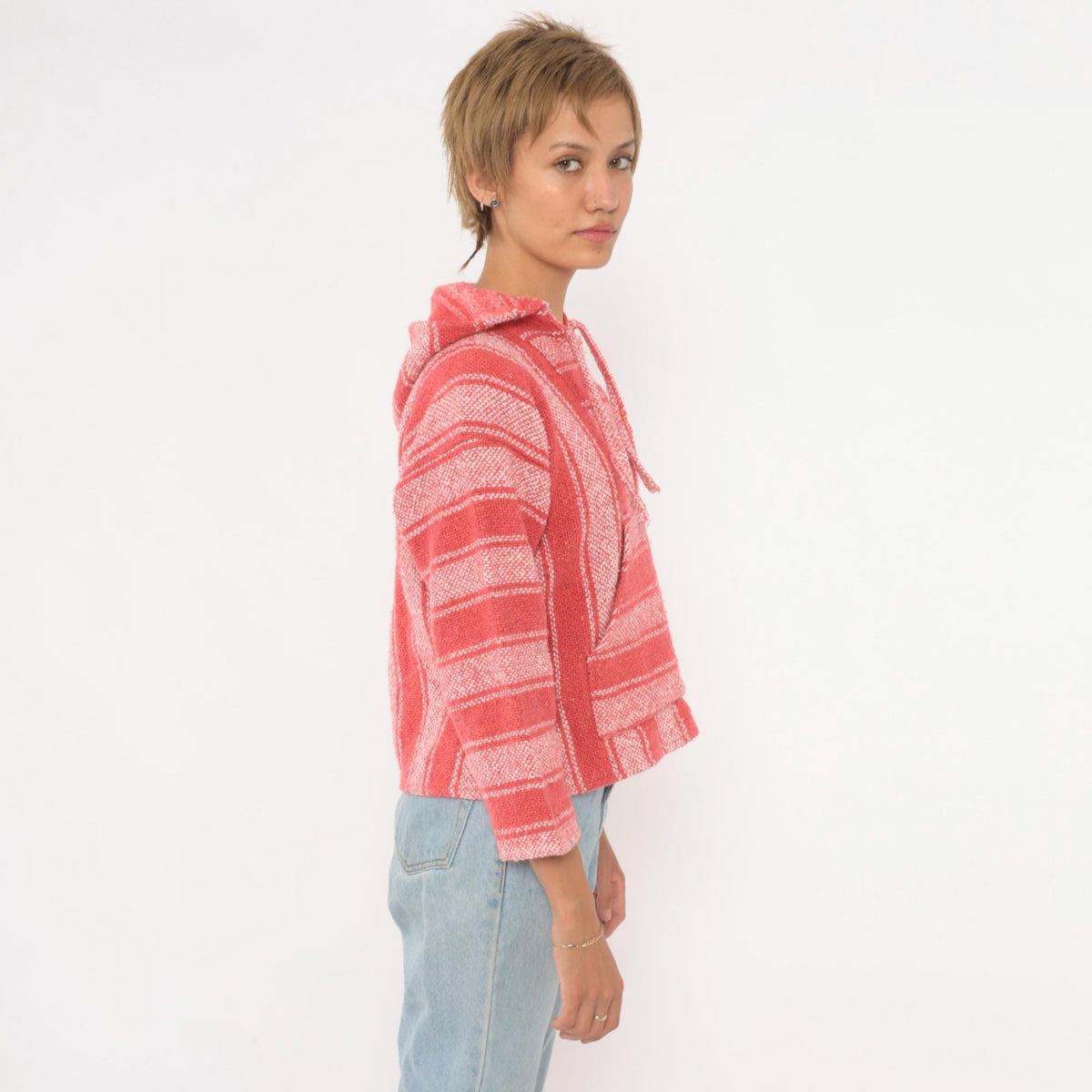 90s Baja Hoodie Coral Pink Striped Woven Cotton Pullover Extra Small XS