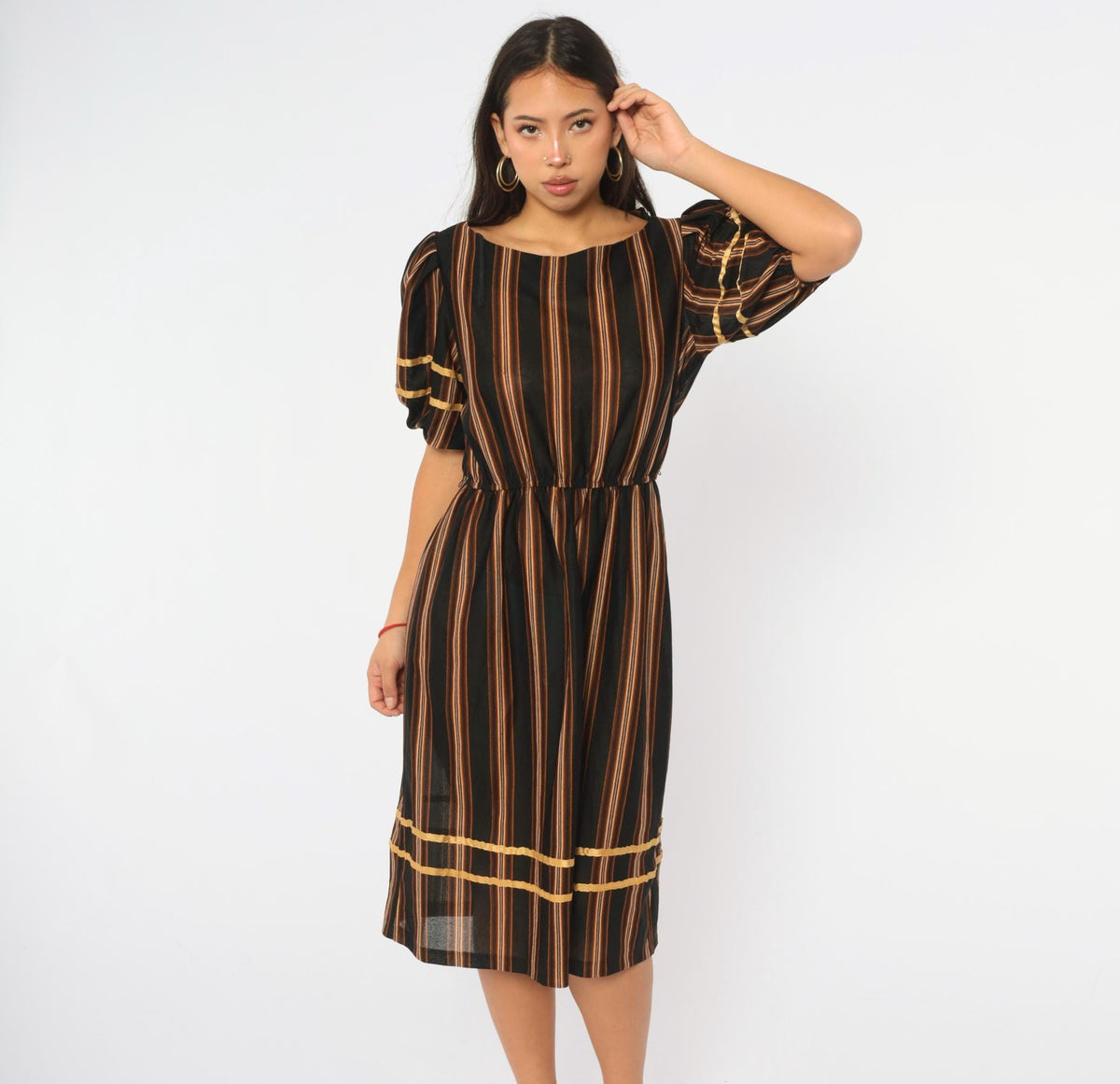 80s Jane Baar Striped Dress Puff Sleeve Gold Ribbon Trim Knee Length Small