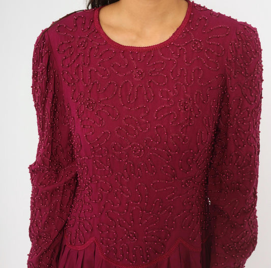 90s Talbots Burgundy Beaded Midi Dress Long Sleeve Scoop Neck Drop Waist Large L