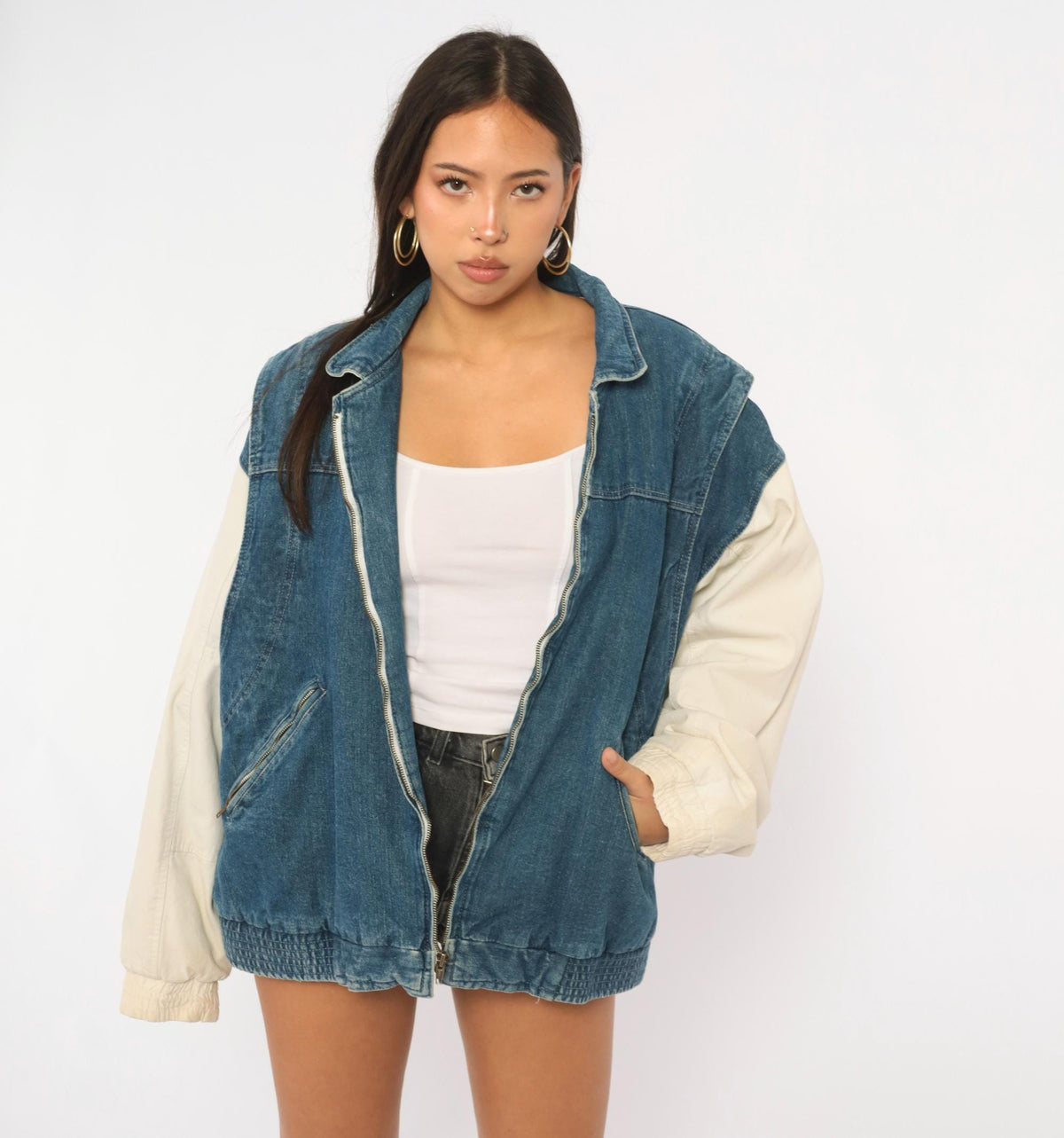 90s Dash Denim Bomber Jacket Blue Cream Color Block Dolman Large