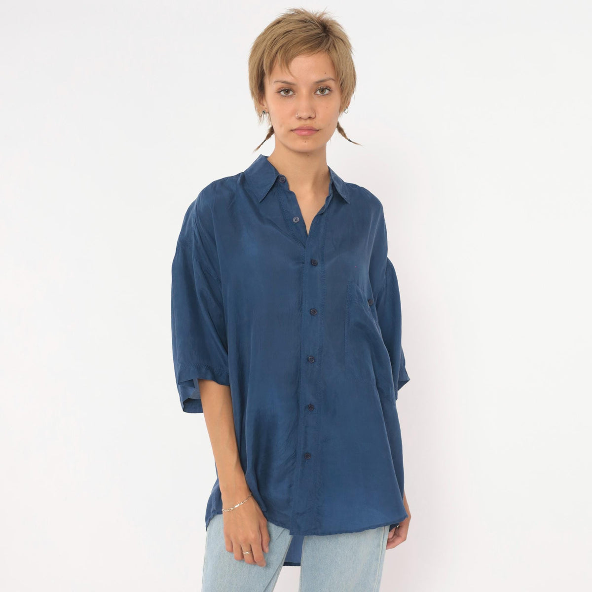 90s Franco Biani Navy Silk Button-Up Shirt Small