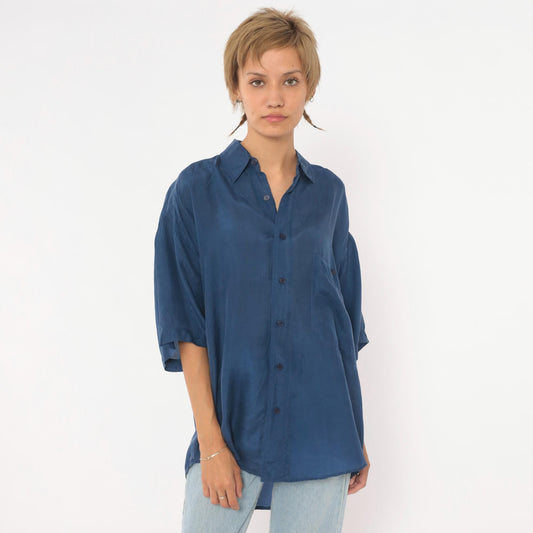 90s Franco Biani Navy Silk Button-Up Shirt Small