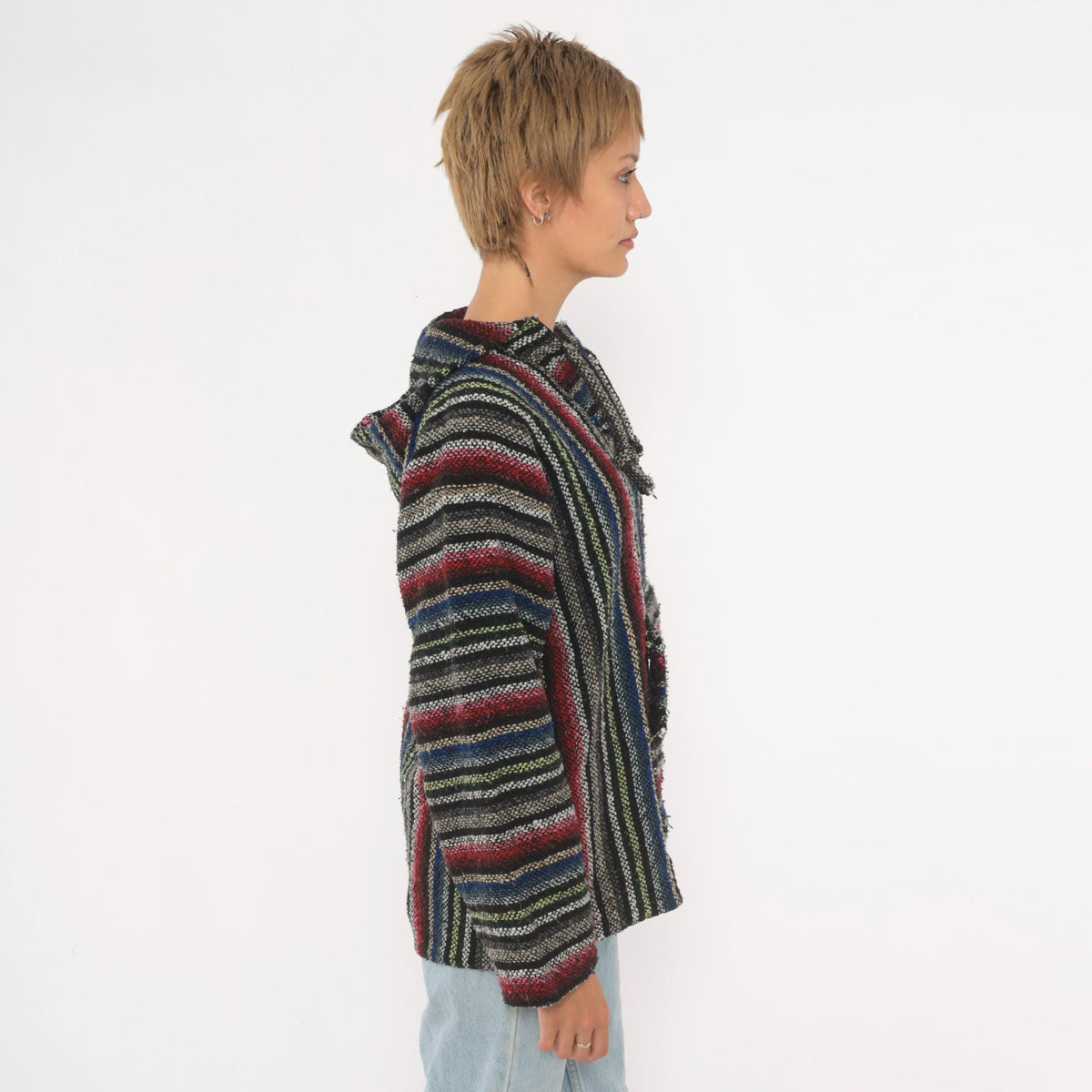 90s Artesanias Cuamatz Baja Hoodie Black Rainbow Stripe Woven Pullover Large L