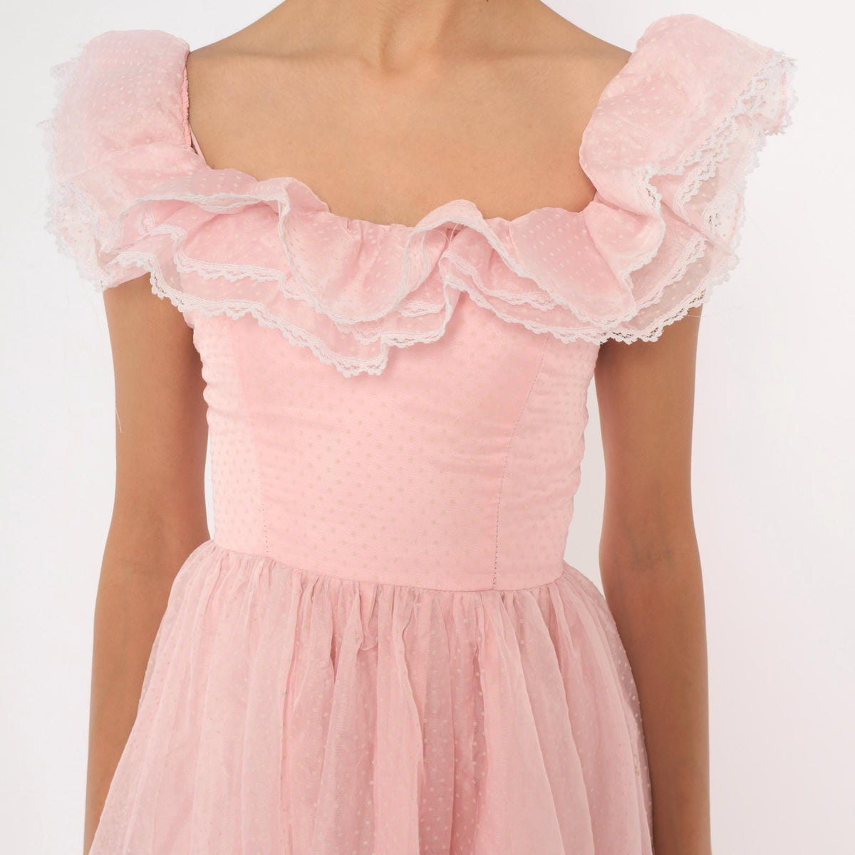 70s Pink Swiss Dot Midi Party Dress Ruffle Neckline Lace Trim XXS
