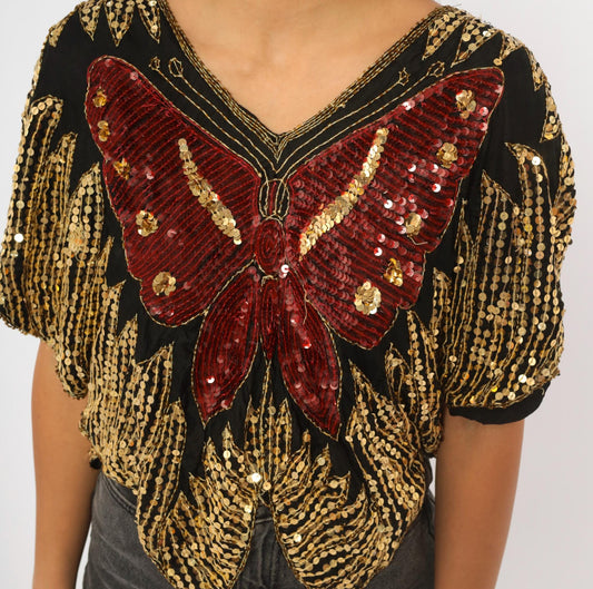 90s Black Sequin Butterfly Top Gold Beaded Silk Dolman Blouse Small