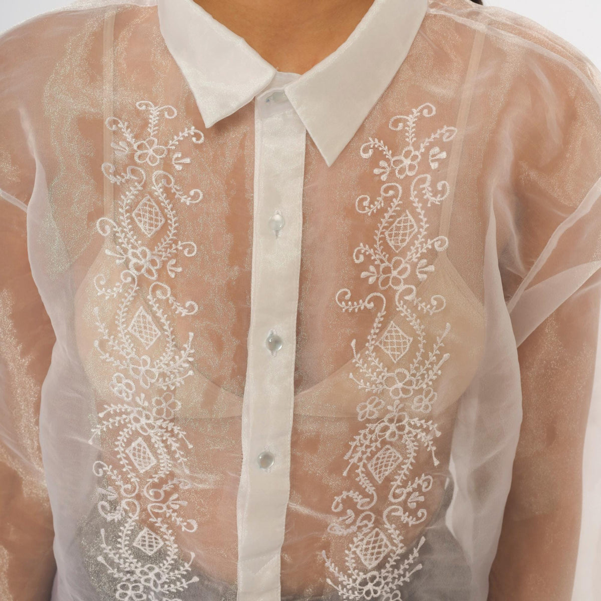 90s White Organza Blouse Embroidered Floral Pointed Collar Sheer Long Sleeve Extra Large XL